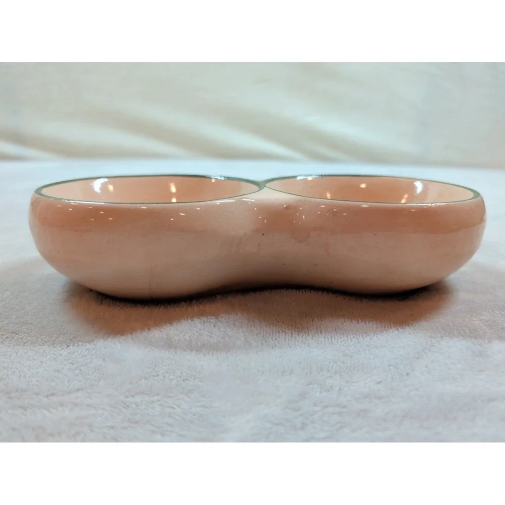 Vintage Ceramic Double Kitty Cat Bowl Pink Green Trim Mid Century Pet Dish 8.5